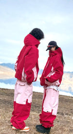 Red and Pink Color-Block Jacket and Pants Set